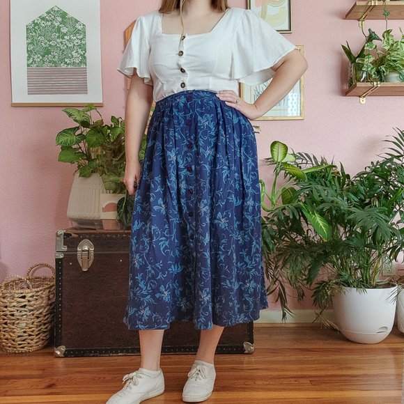Lizsport Vintage Blue Tropical Floral Print Button Down Midi Skirt Size PM - Picture 6 of 16
